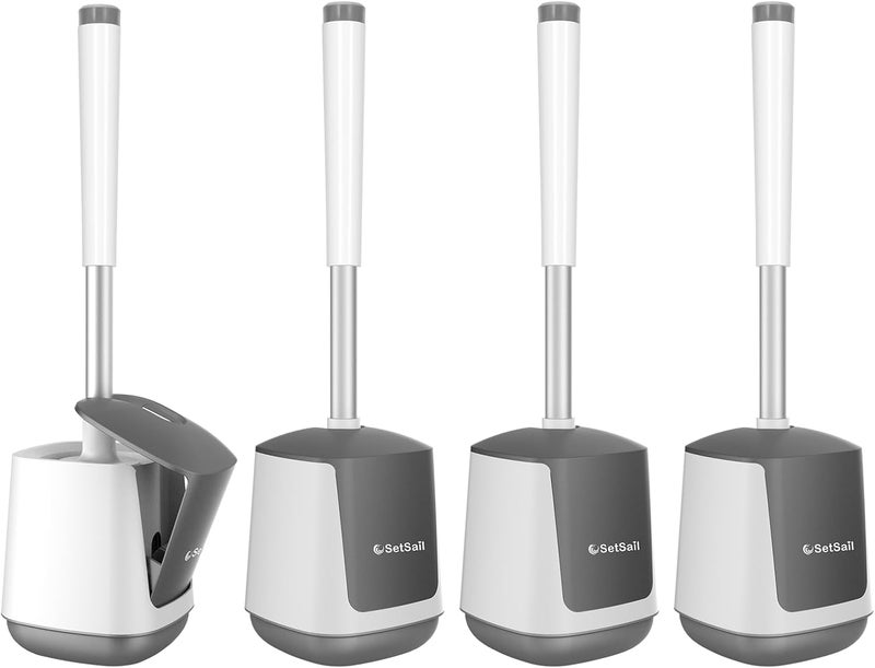 SetSail Toilet Brush 4 Pack Toilet Bowl Brush and Holder Toilet Cleaner Brush with Nylon Bristles Ventilated Toilet Brushes for Bathroom with Holder for Toilet Scrubber Cleaning, White & Grey - Image 1